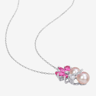 Womens Pink Cultured Freshwater Pearl Sterling Silver Flower Pendant Necklace