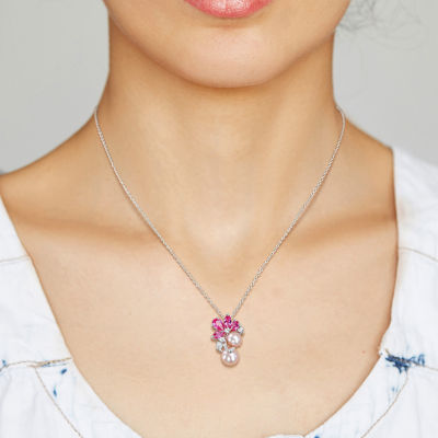 Womens Pink Cultured Freshwater Pearl Sterling Silver Flower Pendant Necklace