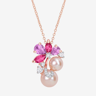 Womens Pink Cultured Freshwater Pearl 18K Rose Gold Over Silver Flower Pendant Necklaces