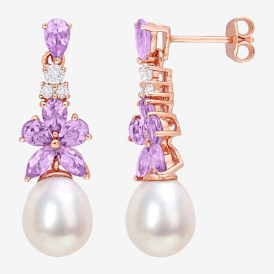 White Cultured Freshwater Pearl 18K Rose Gold Over Silver Drop Earrings