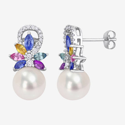 White Cultured Freshwater Pearl & 1/8 CT. T.W. Genuine Diamond 14K White Gold Drop Earrings