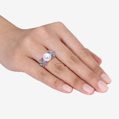 Womens 9-9.5MM White Cultured Freshwater Pearl & 1/8 CT. T.W. Genuine Diamond 14K White Gold Cocktail Ring