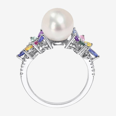 Womens 9-9.5MM White Cultured Freshwater Pearl & 1/8 CT. T.W. Genuine Diamond 14K White Gold Cocktail Ring