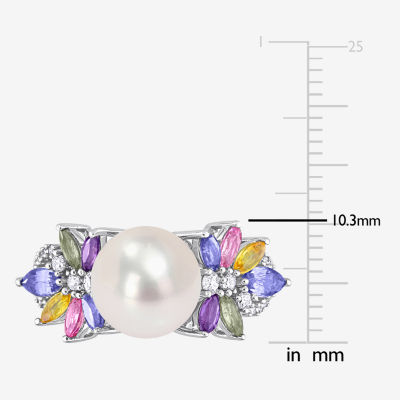 Womens 9-9.5MM White Cultured Freshwater Pearl & 1/8 CT. T.W. Genuine Diamond 14K White Gold Cocktail Ring