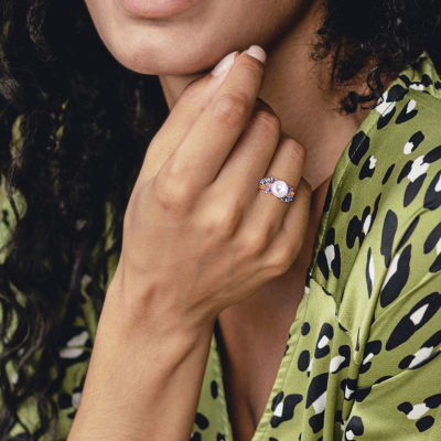 Womens 9-9.5MM White Cultured Freshwater Pearl & 1/8 CT. T.W. Genuine Diamond 14K White Gold Cocktail Ring