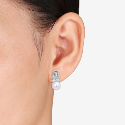 White Cultured Freshwater Pearl & 1/8 CT. T.W. Genuine Diamond 14K White Gold Drop Earrings