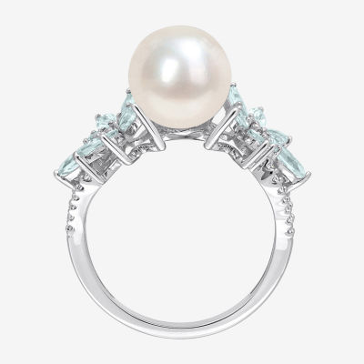 Womens 9-9.5MM White Cultured Freshwater Pearl & 1/8 CT. T.W.  Genuine Diamond 14K Gold Cocktail Ring