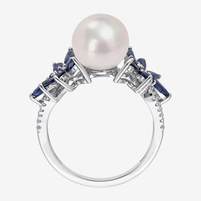 Womens 9-9.5MM White Cultured Freshwater Pearl & 1/8 CT. T.W.  Genuine Diamond 14K White Gold Flower Cocktail Ring
