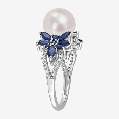 Womens 9-9.5MM White Cultured Freshwater Pearl & 1/8 CT. T.W.  Genuine Diamond 14K White Gold Flower Cocktail Ring