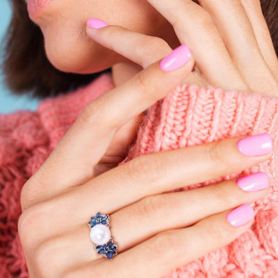 Womens 9-9.5MM White Cultured Freshwater Pearl & 1/8 CT. T.W.  Genuine Diamond 14K White Gold Flower Cocktail Ring