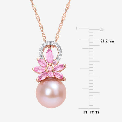 Womens Diamond Accent Pink Cultured Freshwater Pearl 14K Rose Gold Flower Pendant Necklace