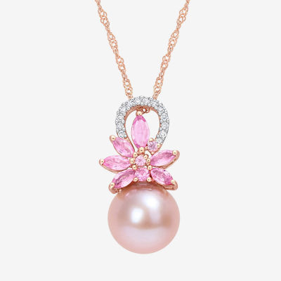 Womens Diamond Accent Pink Cultured Freshwater Pearl 14K Rose Gold Flower Pendant Necklace