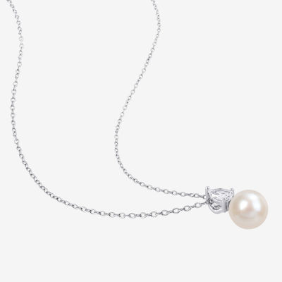 Womens White Cultured Freshwater Pearl Sterling Silver Pendant Necklace