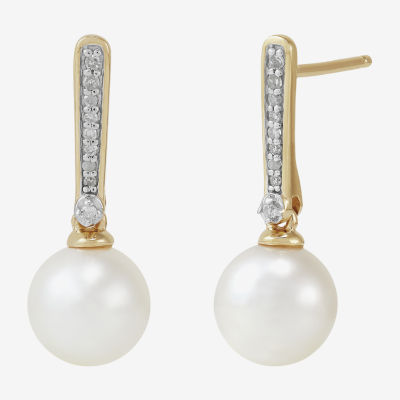 Diamond Accent White Cultured Freshwater Pearl 10K Gold Drop Earrings