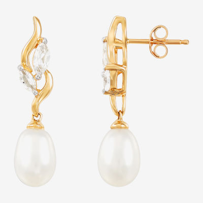 Womens White Cultured Freshwater Pearl 10K Gold Drop Earrings