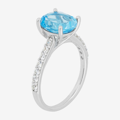 Womens Genuine Blue Topaz Sterling Silver Oval Side Stone Cocktail Ring