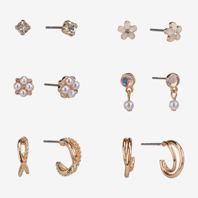 Arizona Gold Tone & Pearl 6 Pair Flower Earring Set