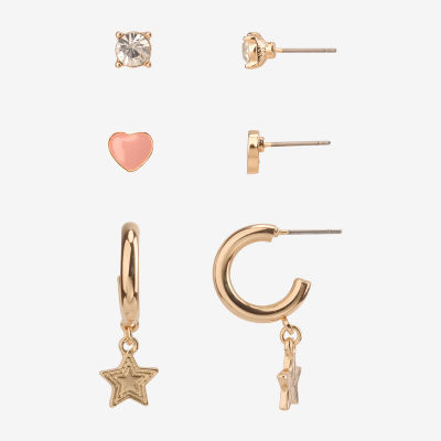 Arizona Gold Tone Stud And Huggie 3 Pair Heart Star Earring Set