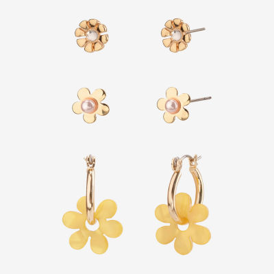 Arizona Gold Tone Stud And Huggie 3 Pair Flower Earring Set