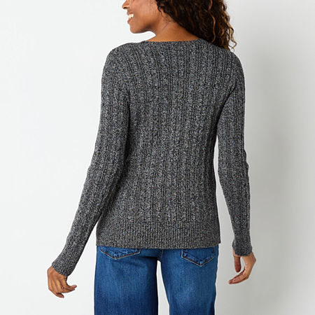 St. John's Bay Womens Crew Neck Long Sleeve Cable Knit Pullover Sweater, Petite X-small, Gray