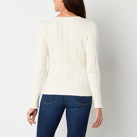 St. John's Bay Womens Crew Neck Long Sleeve Cable Knit Pullover Sweater, Petite Xx-large, White