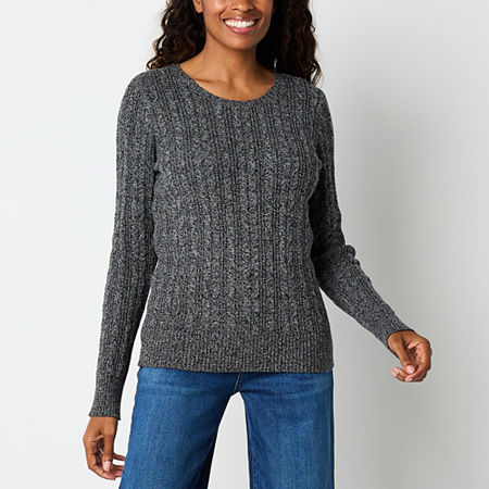 St. John's Bay Womens Crew Neck Long Sleeve Cable Knit Pullover Sweater, Petite X-small, Gray