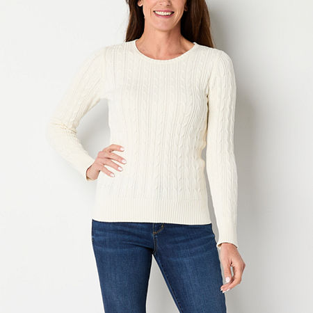 St. John's Bay Womens Crew Neck Long Sleeve Cable Knit Pullover Sweater, Petite Xx-large, White