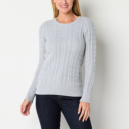 St. John's Bay Womens Crew Neck Long Sleeve Cable Knit Pullover Sweater, X-small, Gray