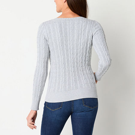 St. John's Bay Womens V Neck Long Sleeve Cable Knit Pullover Sweater, Petite Medium, Gray