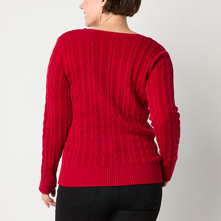 St. John's Bay Womens V Neck Long Sleeve Cable Knit Pullover Sweater, Petite X-small, Red