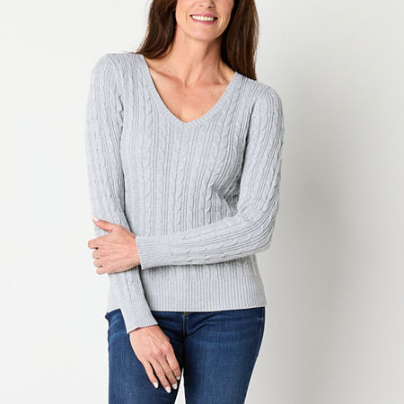 St. John's Bay Womens V Neck Long Sleeve Cable Knit Pullover Sweater, Petite Medium, Gray