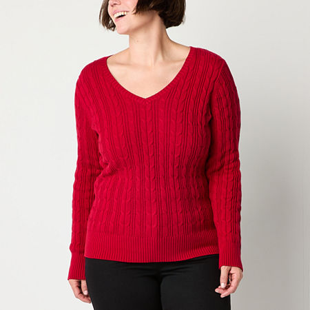 St. John's Bay Womens V Neck Long Sleeve Cable Knit Pullover Sweater, Petite X-small, Red