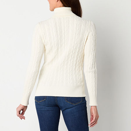 St. John's Bay Womens Turtleneck Long Sleeve Cable Knit Pullover Sweater, Petite Xx-large, White