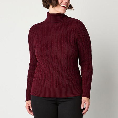 St. John's Bay Womens Turtleneck Long Sleeve Cable Knit Pullover Sweater, Petite Medium, Red