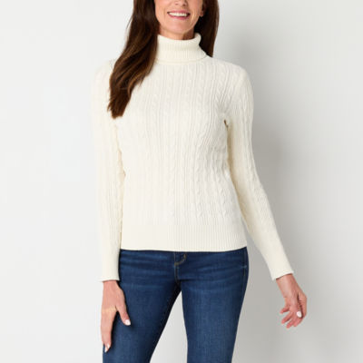 St. John's Bay Womens Turtleneck Long Sleeve Cable Knit Pullover Sweater
