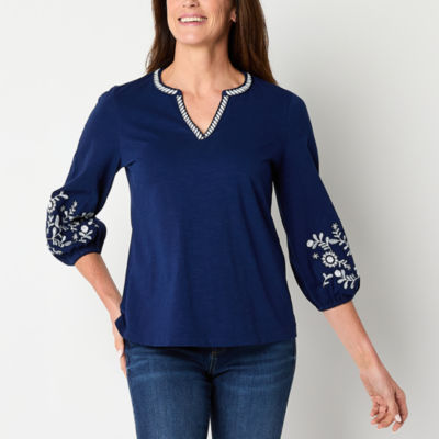 St. John's Bay Womens Split Crew Neck 3/4 Sleeve Embroidered Blouse