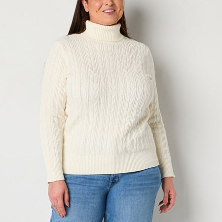 St. John's Bay Plus Womens Turtleneck Long Sleeve Cable Knit Pullover Sweater, 4x, White