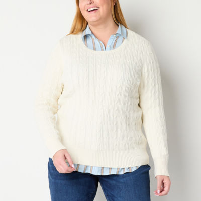 St. John's Bay Plus Womens Crew Neck Long Sleeve Cable Knit Pullover Sweater