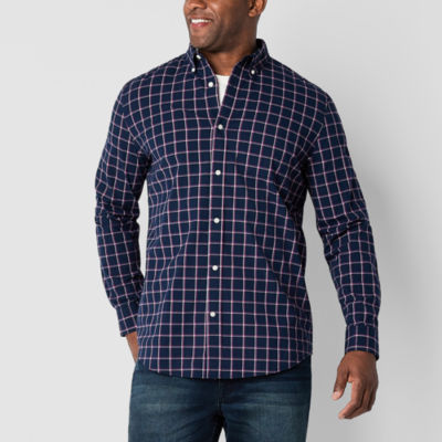 St. John's Bay Stretch Poplin Big and Tall Mens Slim Fit Long Sleeve Plaid Button-Down Shirt