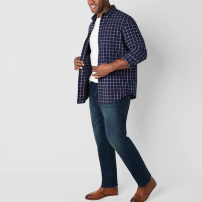 St. John's Bay Stretch Poplin Big and Tall Mens Slim Fit Long Sleeve Plaid Button-Down Shirt