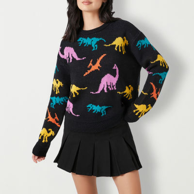 Forever 21 Juniors Dinosaurs Novelty Womens Crew Neck Long Sleeve Animal Pullover Sweater