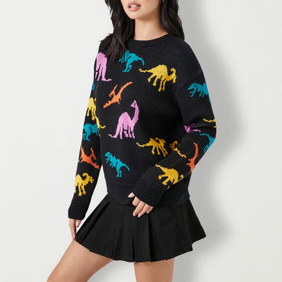 Forever 21 Juniors Dinosaurs Novelty Womens Crew Neck Long Sleeve Animal Pullover Sweater