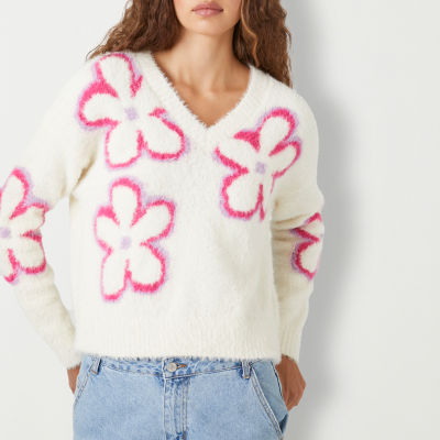 Forever 21 Juniors Flowers Oversized Womens V Neck Long Sleeve Floral Pullover Sweater