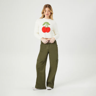 Forever 21 Juniors Cherries Cropped Womens Crew Neck Long Sleeve Pullover Sweater
