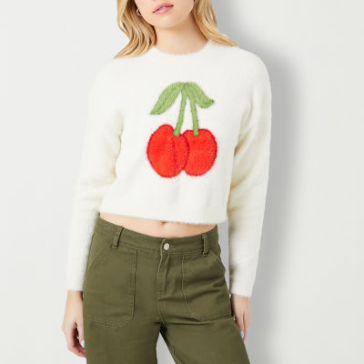 Forever 21 Juniors Cherries Cropped Womens Crew Neck Long Sleeve Pullover Sweater