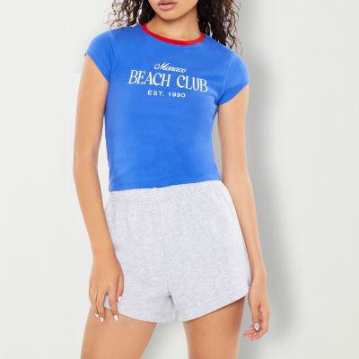 Forever 21 Juniors Beach Club Graphic Ringer Baby Tee Womens Crew Neck Short Sleeve Graphic T-Shirt