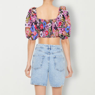 Forever 21 Smocked Woven Top Womens Straight Neck 3/4 Sleeve Crop Juniors