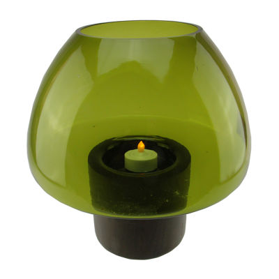 9.75'' Transparent Olive Green Glass Candle Holder with Wooden Base
