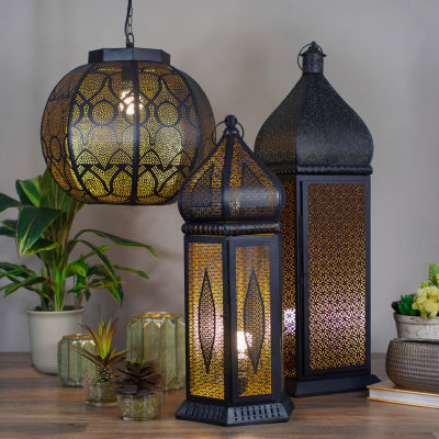 14.5'' Black and Gold Moroccan Style Hanging Lantern Ceiling Light Fixture