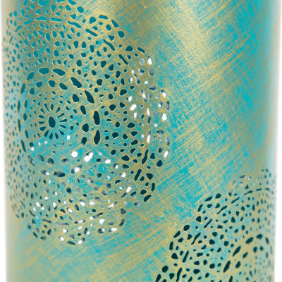 Set of 3 Turquoise Blue and Gold Decorative Floral Cut-Out Pillar Candle Lanterns 10"